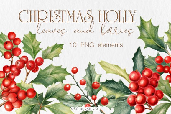 Christmas Holly Berries Leaves PNG Set: Illustrations for Seasonal Sellers