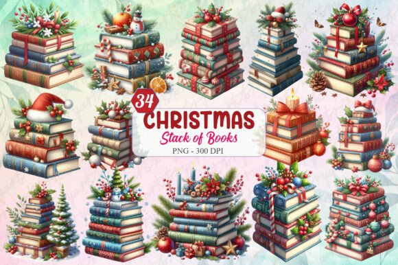 Christmas Stack of Books Clipart for Illustrations
