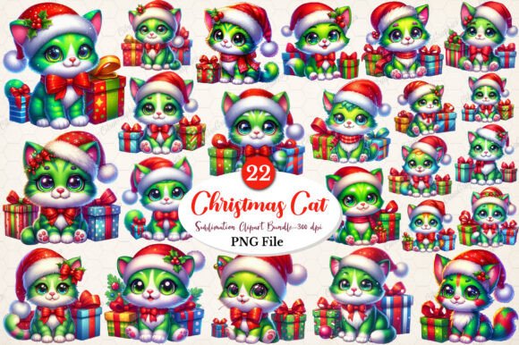 Cute Green Christmas Cat PNG Clipart for Illustrations