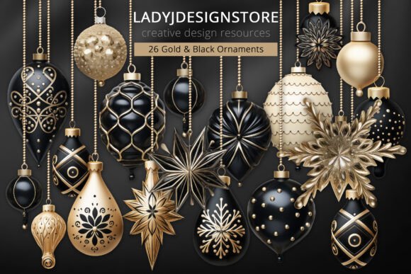 Gold and Black Christmas Ornaments PNG: Premium Illustrations for Sellers