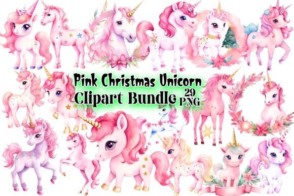 Pink Christmas Unicorn Clipart Bundle for Illustrations